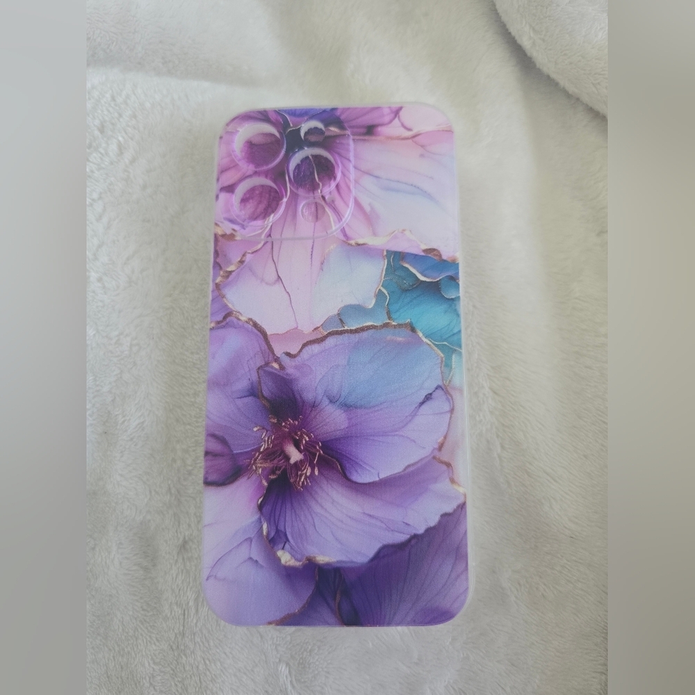 Purple Floral iPhone 14 Pro Max Case with Gold Trim | Aesthetic Protective Cover